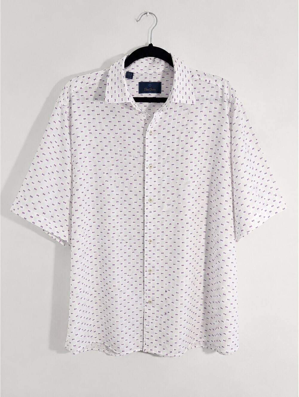 David Donahue Men's XXL Linen Blend Fish Print Short Sleeve Shirt White